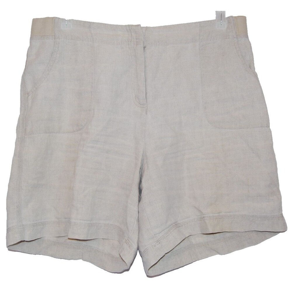 J Jill 100% Linen Khaki Zip Closure Shorts Elastic Waist Size Large Pockets